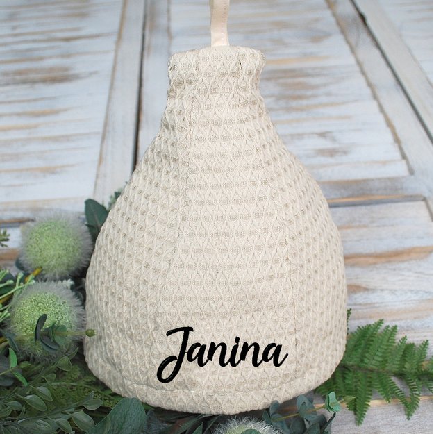 Siuvinėta lininė pirties kepurė "Su vardu"